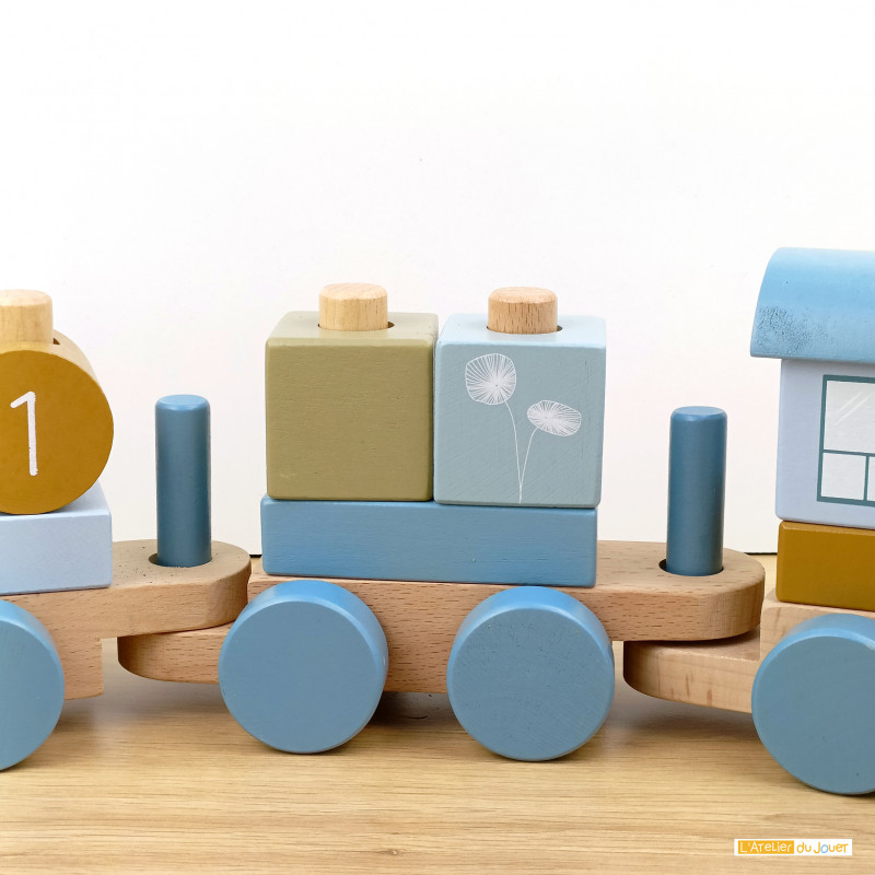 Train en bois  Bleu - little cecile : jouets, déco, puériculture